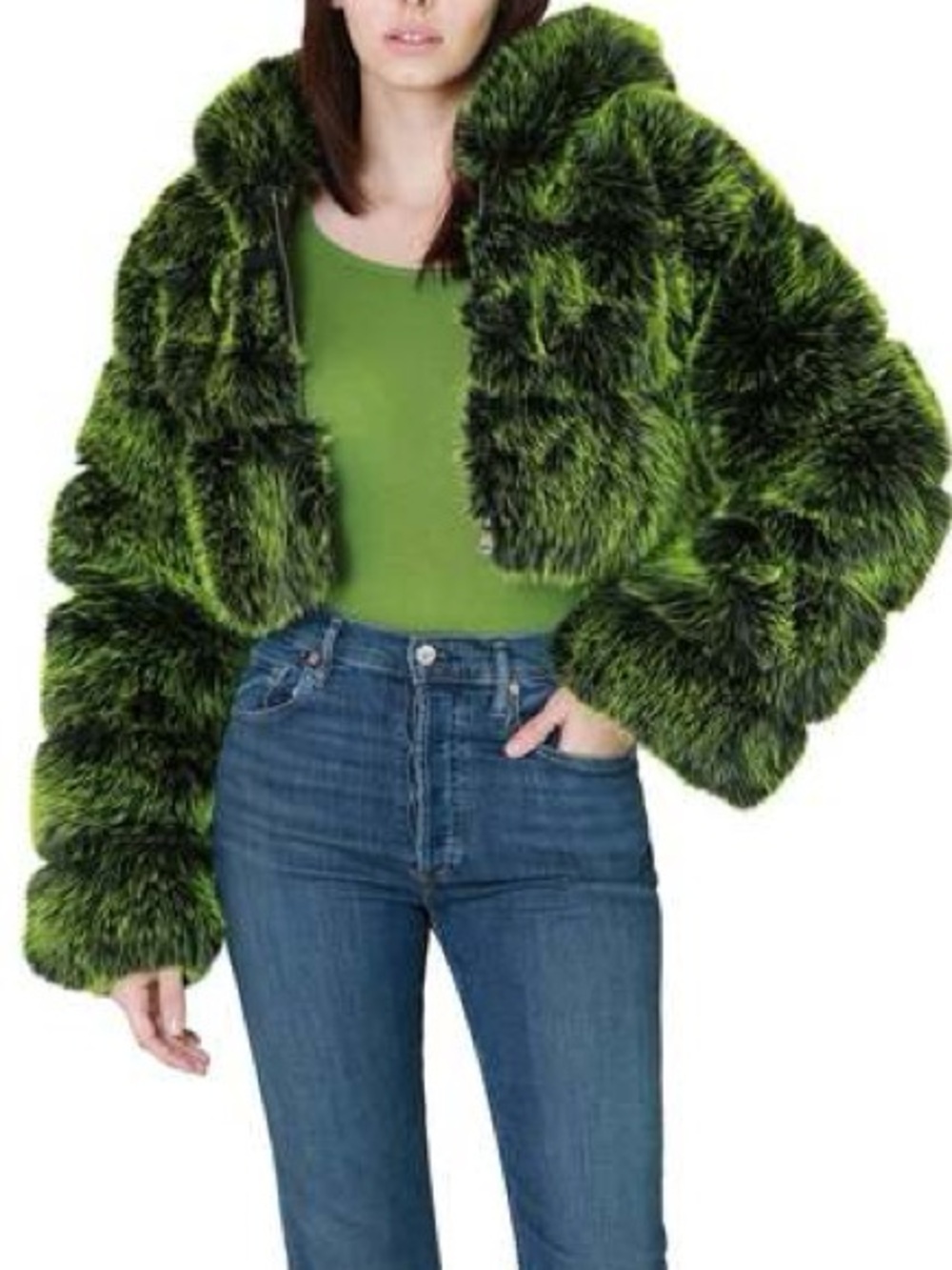 Azalea Wang nwt L Women's Vibrant Green Faux Fur Hooded Teddy Jacket coat thick - Picture 11 of 16